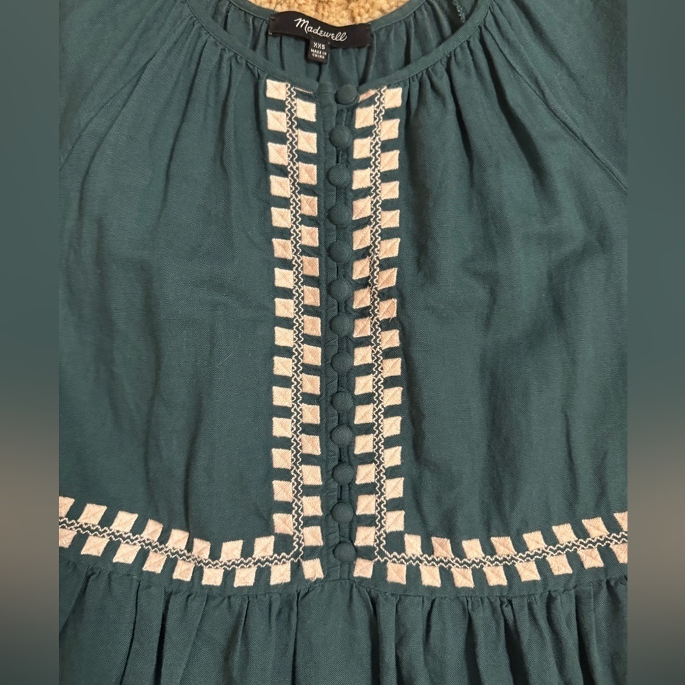 Madewell Embroidered Linen-Blend Flutter-Sleeve Mini Dress XXS Green Preppy Airy - Picture 9 of 11